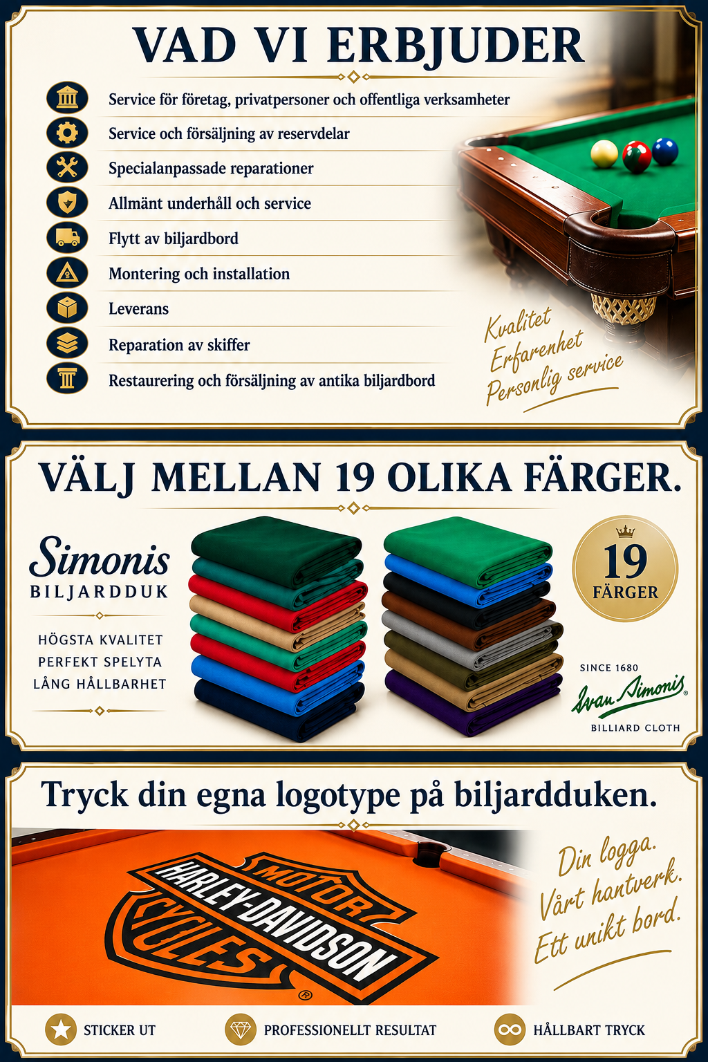 Reklambla med biljardbord, staplade färgade dukar och text om service, 19 färger och logotryck.